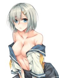 Rule 34 | 10s, 1girl, bare shoulders, black skirt, blue eyes, blush, breasts, closed mouth, collarbone, hair ornament, hair over one eye, hairclip, hamakaze (kancolle), highres, kantai collection, looking at viewer, medium breasts, midriff, navel, no bra, off shoulder, open clothes, open shirt, pantyhose, rinarisa, school uniform, serafuku, shiny skin, shirt, short hair, silver hair, skirt, solo, stomach, white background