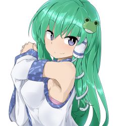Rule 34 | 1girl, blue eyes, bra, closed mouth, commentary request, detached sleeves, frog hair ornament, from side, green hair, hair ornament, hair tubes, kochiya sanae, long hair, looking at viewer, pink bra, simple background, smile, snake hair ornament, solo, touhou, tyouseki, underwear, upper body, white background