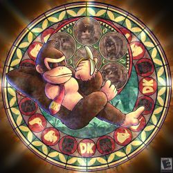 Rule 34 | amyroser, banana, candy kong, commentary, cranky kong, crossed legs, diddy kong, dive to the heart, donkey kong, donkey kong (series), donkey kong country, english commentary, enguarde, expresso, closed eyes, food, fruit, funky kong, gorilla, highres, holding, holding food, holding fruit, kingdom hearts, logo, necktie, nintendo, no humans, parody, rambi, red necktie, sleeping, solo, squawks, super smash bros., watermark