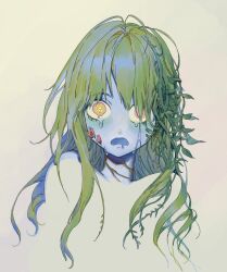 Rule 34 | 1girl, blue skin, blue tongue, brown background, colored skin, colored tongue, crying, crying with eyes open, drooling, green hair, highres, leaf, leviair, long hair, looking at viewer, melting eyes, monster girl, mouth drool, multicolored eyes, open mouth, orange eyes, original, plant, plant girl, plant hair, snail, solo, tears, upper body, vines, yellow eyes