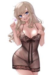 Rule 34 | 1girl, absurdres, black camisole, black panties, blonde hair, blue eyes, blush, breasts, camisole, candy, cleavage, food, highres, holding, holding candy, holding food, idolmaster, idolmaster cinderella girls, lamp p9, large breasts, looking at viewer, ohtsuki yui, panties, see-through camisole, simple background, smile, solo, teeth, underwear, upper teeth only, white background