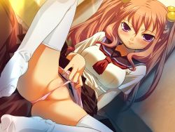 Rule 34 | 1girl, blush, brown hair, cleft of venus, clothes lift, female pubic hair, frontal wedgie, game cg, hair bobbles, hair ornament, hikage eiji, long hair, panties, panty lift, panty pull, pubic hair, purple eyes, pussy, school uniform, self wedgie, sitting, skirt, skirt lift, smile, spread legs, thighhighs, twintails, uncensored, underwear, wedgie
