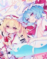 Rule 34 | 2girls, :o, ascot, bandaged arm, bandages, bandaid, bandaid on hand, bat wings, black wings, blood, blood bag, blue hair, chuuko anpu, commentary, cross-laced clothes, crystal wings, dress, fang, flandre scarlet, floating, floating object, hat, highres, holding, holding syringe, large syringe, mob cap, multiple girls, open mouth, oversized object, puffy short sleeves, puffy sleeves, red ascot, red eyes, remilia scarlet, short hair, short sleeves, siblings, sisters, skin fang, smile, syringe, touhou, twitter username, upper body, vampire, wavy hair, white dress, white headwear, wings, x