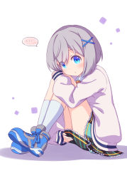 Rule 34 | ..., 1girl, :o, absurdres, black skirt, blue eyes, blue footwear, commentary request, covering privates, covering crotch, eyes visible through hair, full body, grey hair, hair ornament, hair over one eye, hairclip, harada (sansei rain), highres, ito moe, jacket, knees up, long sleeves, looking at viewer, parted lips, pleated skirt, puffy long sleeves, puffy sleeves, raramagi, shadow, shoes, sitting, skirt, sleeves past wrists, socks, solo, spoken blush, spoken ellipsis, white background, white jacket, white socks, x hair ornament