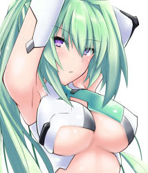 Rule 34 | 10s, 1girl, armpits, arms behind head, arms up, breasts, female focus, green hair, green heart (neptunia), highres, large breasts, long hair, neptune (series), parted lips, purple eyes, shishin (shishintei), solo, symbol-shaped pupils, upper body, vert (neptunia), white background