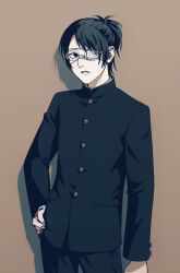 Rule 34 | 1other, black eyes, black hair, brown background, commentary request, eyepatch, gakuran, glasses, hand on own hip, hange zoe, highres, limited palette, medical eyepatch, other focus, ponytail, school uniform, shingeki no kyojin, solo, yonchi