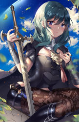 Rule 34 | 1girl, artist name, black footwear, black shirt, black shorts, blouse, blue eyes, blush, boots, brown pantyhose, byleth (female) (fire emblem), byleth (fire emblem), cape, closed mouth, cloud, cloudy sky, commentary, english commentary, fingernails, fire emblem, fire emblem: three houses, green hair, hair between eyes, hands up, high heel boots, high heels, highres, holding, holding sword, holding weapon, knee boots, lace, lace-trimmed legwear, lace trim, long hair, looking at viewer, nintendo, pantyhose, pantyhose under shorts, shirt, short shorts, shorts, sky, solo, squchan, sword, vambraces, watermark, weapon, web address, white cape