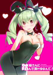 Rule 34 | 1girl, anchovy (girls und panzer), animal ears, arm behind back, black bow, black bowtie, black leotard, black pantyhose, black ribbon, blush, bow, bowtie, breasts, cleavage, collar, commentary request, covered navel, cowboy shot, detached collar, drill hair, fake animal ears, girls und panzer, green hair, hair ribbon, hand on own chest, heart, highres, leaning forward, leotard, light frown, long hair, looking at viewer, medium breasts, open mouth, pantyhose, playboy bunny, rabbit ears, red eyes, ribbon, romaji text, rurisakura, solo, standing, translation request, twin drills, twintails, white collar, wrist cuffs