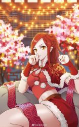 Rule 34 | 1girl, armband, bare legs, bell, cai lin (doupo cangqiong), capelet, christmas dress, cotton ball, doupo cangqiong, fur trim, highres, leaf, light, long hair, official art, red capelet, red hair, red skirt, ren xiang, sack, sitting, skirt, slit pupils, streamers, third-party source, tree, yellow eyes