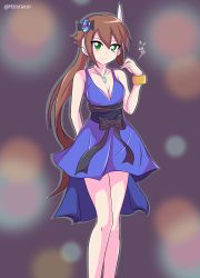 Rule 34 | 1girl, absurdres, aile (mega man zx), bare shoulders, breasts, brown hair, cleavage, commission, dress, green eyes, hair ornament, highres, long hair, m11xgirby, mega man (series), mega man zx, mega man zx advent, model x (mega man), ponytail, robot ears, tagme
