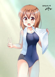 Rule 34 | 1girl, artist logo, blue one-piece swimsuit, brown eyes, brown hair, competition school swimsuit, cowboy shot, dated, fang, highres, inakami, inokuma youko, kin-iro mosaic, looking at viewer, one-piece swimsuit, school swimsuit, short hair, solo, standing, swimsuit, towel, towel around neck, v, white towel