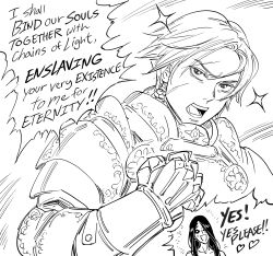 Rule 34 | 1boy, 1girl, armor, bb (baalbuddy), commentary, english commentary, english text, extra eyes, gauntlets, greyscale, heart, highres, long hair, male focus, monochrome, monster girl, open mouth, original, paladin, paladin (baalbuddy), parted bangs, pauldrons, shoulder armor, simple background, sparkle, spoken heart, white background