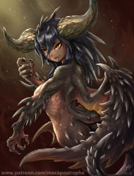 Rule 34 | 1girl, black hair, claws, dark skin, dark-skinned female, dragon girl, dragon horns, dragon tail, dragon wings, horns, looking at viewer, looking back, maxa&#039;, monster girl, monster hunter (series), monster hunter: world, nergigante, personification, scales, smile, solo, spines, tail, wings, yellow eyes