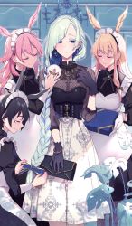 Rule 34 | 4girls, alternate costume, alternate hairstyle, apron, bag, black corset, black gloves, black hair, black shirt, blonde hair, blue hair, blush, box, braid, breasts, brynhildr (fate), closed eyes, commentary, corset, craft essence (fate), dress, earrings, enmaided, fate/grand order, fate (series), gloves, hair over one eye, hair over shoulder, handbag, head wings, hildr (fate), hildr (valkyrie style) (fate), holding, holding bag, holding box, holding handbag, jewelry, light smile, long braid, long dress, long hair, long skirt, looking at viewer, maid, maid apron, maid headdress, medium breasts, multiple girls, official art, ortlinde (fate), ortlinde (valkyrie style) (fate), pink hair, pochi (pochi-goya), purple eyes, see-through, shirt, short hair, single braid, skirt, smile, thrud (fate), thrud (valkyrie style) (fate), valkyrie (fate), valkyrie style, very long hair, white apron, white skirt, wings