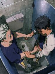 Rule 34 | 2boys, akaashi keiji, black hair, blue shirt, bokuto koutarou, brown eyes, chengongzi123, clenched teeth, closed eyes, closed mouth, collared jacket, commentary, full body, grey hair, grey jacket, grey pants, haikyuu!!, hand grab, handjob, hands up, highres, indoors, jacket, looking at another, male focus, multicolored hair, multiple boys, pants, restroom, shirt, shoes, short hair, sneakers, squat toilet, standing, streaked hair, symbol-only commentary, t-shirt, teeth, toilet stall, very short hair