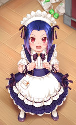 Rule 34 | 10s, 1girl, apron, blue hair, bottle, clenched hands, cocoasabure, dress, female focus, final fantasy, final fantasy xiv, from above, full body, indoors, lalafell, long hair, looking up, maid, maid apron, open mouth, pantyhose, pointy ears, red eyes, shirt, shoes, shouting, solo, tears