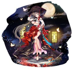 Rule 34 | 1girl, absurdres, alternate costume, breasts, bug, butterfly, counter:side, full moon, glowing butterfly, hat, highres, insect, jaina kropel, knees, large breasts, long hair, moon, night, night sky, official alternate costume, official art, replacer queen, sky, tachi-e, traditional clothes, transparent background, underboob