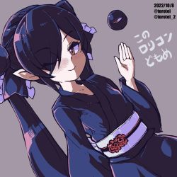 Rule 34 | 1girl, artist name, backbeard, backbeako, black hair, black kimono, black ribbon, commentary request, dated, dutch angle, eyes visible through hair, gegege no kitarou, grey background, hair ribbon, hand up, japanese clothes, kimono, kono lolicon domome, long hair, long sleeves, looking at viewer, obi, one eye closed, original, pointy ears, red eyes, ribbon, sash, simple background, smile, solo, torotei, twintails, twitter username, upper body, waving