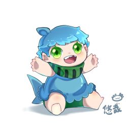 Rule 34 | 1girl, arms up, baby, barefoot, ben 10, blue hair, blue tail, character request, chinese commentary, fins, fish tail, green eyes, head fins, highres, missing tooth, shark tail, short hair, simple background, sitting, solo, tail, white background, youzaiyouzai112