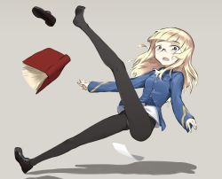 Rule 34 | 1girl, ascot, black footwear, blonde hair, blue jacket, blunt bangs, book, crooked eyewear, falling, fankupl, full body, glasses, jacket, kicking, leg up, loafers, long hair, long sleeves, looking at viewer, military, military uniform, no pants, open mouth, panties, panties under pantyhose, pantyhose, paper, perrine h. clostermann, shadow, shirt, shoe loss, unworn shoe, shoes, unworn shoes, solo, standing, strike witches, sweatdrop, tripping, underwear, uniform, white ascot, white shirt, world witches series, yellow eyes
