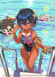 Rule 34 | 3girls, afloat, aogiri shinobu, black hair, braid, closed mouth, collarbone, commentary request, competition swimsuit, copyright name, dark skin, duel masters, godai doora, goggles, goggles around neck, hair ornament, holding, holding ladder, holding swim ring, innertube, ladder, long hair, looking at viewer, multicolored clothes, multicolored hair, multicolored swimsuit, multiple girls, official art, one-piece swimsuit, open mouth, pink hair, pool, pool ladder, purple eyes, red hair, saitou naoki, short hair, smile, sukune maron, swim ring, swimming, swimsuit, thigh gap, twin braids, white hair, yellow eyes