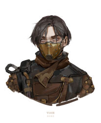 Rule 34 | 1boy, 2022, absurdres, airship assassin wraith, apex legends, artist name, black hair, black jacket, brown jacket, cable, commentary, english commentary, genderswap, genderswap (ftm), grey eyes, hair behind ear, highres, jacket, looking at viewer, male focus, mask, mouth mask, official alternate costume, portrait, realistic, short hair, simple background, solo, tish (jst tish), v-shaped eyebrows, white background, wraith (apex legends)