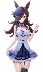 Rule 34 | 1girl, ai-assisted, animal ears, black hair, blue bow, blue bowtie, blue dress, blue flower, blue hat, blue rose, bow, bowtie, breasts, brooch, cleavage, cleavage cutout, closed mouth, clothing cutout, commentary, cowboy shot, dress, flower, frilled dress, frills, garter straps, hair over one eye, hat, hat flower, highres, horse ears, horse girl, jewelry, light smile, long hair, looking at viewer, medium breasts, purple eyes, rice shower (umamusume), rose, short dress, simple background, single thighhigh, skirt hold, sleeveless, sleeveless dress, solo, standing, thighhighs, tilted headwear, tina (tinafya), umamusume, white background, white dress