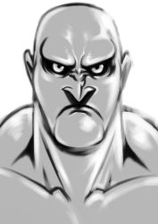 Rule 34 | 1boy, absurdres, bald, black sclera, character request, colored sclera, frown, greyscale, highres, koube an, male focus, monochrome, muscular, pointed nose, pointy nose, solo