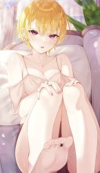 Rule 34 | 1girl, :o, bare legs, barefoot, blonde hair, blush, breasts, cleavage, couch, earrings, foreshortening, glint, hands on own knee, highres, idolmaster, idolmaster shiny colors, indoors, jewelry, koyo akio, lace, lace-trimmed shirt, lace trim, looking at viewer, medium breasts, nail polish, necklace, off-shoulder shirt, off shoulder, on couch, purple eyes, saijo juri, shirt, short hair, sitting, solo