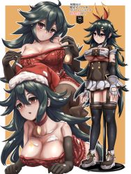 Rule 34 | 1girl, ameli (girls&#039; frontline), ameli (little gift tree) (girls&#039; frontline), barcode, bare shoulders, bell, black gloves, black thighhighs, breasts, choker, cleavage, commentary request, cream, elbow gloves, girls&#039; frontline, gloves, green hair, hair between eyes, hair ornament, hairclip, hat, highres, long hair, looking at viewer, multiple views, neck bell, official alternate costume, open mouth, orange background, red eyes, santa hat, simple background, thighhighs, yaruku