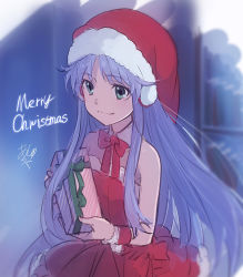 Rule 34 | 1girl, asshuku, blue hair, bow, bowtie, box, christmas, closed mouth, dress, floating hair, fur-trimmed headwear, fur trim, gift, gift box, green eyes, hat, highres, holding, holding box, index (toaru majutsu no index), long hair, merry christmas, red bow, red bowtie, red dress, red hat, santa costume, santa hat, sketch, sleeveless, sleeveless dress, smile, solo, standing, striped, tears, toaru majutsu no index, very long hair, wrist cuffs