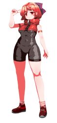 Rule 34 | 1girl, absurdres, adapted costume, black footwear, bodysuit, bow, breasts, cloak, closed mouth, commentary, einzeilhandery, english commentary, full body, hair bow, highres, latex, latex bodysuit, looking at viewer, medium breasts, red eyes, red hair, sekibanki, short hair, simple background, solo, standing, touhou, v, white background, zipper