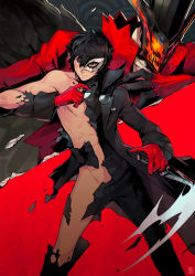 Rule 34 | 1boy, absolum art, amamiya ren, arsene (persona 5), artist logo, black hair, blue eyes, coat, collared coat, glasses, gloves, highres, knife, looking at viewer, male focus, mask, messy hair, muscular, muscular male, pants, persona, persona 5, shirt, smirk, torn clothes, weapon