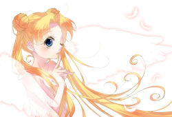 Rule 34 | 1girl, bishoujo senshi sailor moon, blonde hair, double bun, earrings, eyelashes, feathered wings, feathers, hair bun, index finger raised, jewelry, long hair, moriya kaoru, nude, one eye closed, open mouth, parted bangs, see-through, solo, stud earrings, tsukino usagi, twintails, very long hair, white background, wings