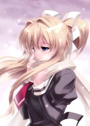 Rule 34 | 1girl, air (visual novel), black dress, blue eyes, blush, brown scarf, cloud, cloudy sky, commentary request, dress, eyelashes, floating hair, hair between eyes, hair intakes, hair ribbon, half-closed eyes, hands up, juliet sleeves, kamio misuzu, long sleeves, looking afar, necktie, nose, one-hour drawing challenge, outdoors, ponytail, profile, puffy sleeves, red necktie, ribbon, scarf, school uniform, short necktie, sky, snowing, solo, upper body, visible air, white ribbon, wind, wind lift, winter, zen (kamuro)