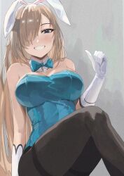 1girl animal_ears asuna_(blue_archive) asuna_(bunny)_(blue_archive) black_pantyhose blue_archive blue_bow blue_bowtie blue_leotard bow bowtie breasts detached_collar fake_animal_ears gloves green_background grey_eyes grin large_breasts leotard light_brown_hair long_hair official_alternate_costume pantyhose pigeon_(wejil) playboy_bunny rabbit_ears revision simple_background smile solo white_gloves