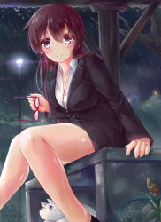 Rule 34 | 1girl, artist request, blush, breasts, brown hair, business suit, cleavage, dog, unworn eyewear, formal, glasses, highres, holding, holding removed eyewear, large breasts, long hair, looking at viewer, no socks, office lady, open clothes, open shirt, original, rain, shirt, sitting, smile, snail, solo, suit, wet, zongmao