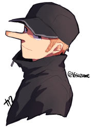 Rule 34 | 1boy, baseball cap, hat, kaku (one piece), looking at viewer, male focus, one piece, shaded face, simple background, solo, somemiya suzume, twitter username, upper body, white background
