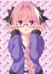 Rule 34 | 1boy, absurdres, adjusting eyewear, androgynous, astolfo (fate), astolfo (memories at trifas) (fate), black bow, bow, braid, collarbone, fate/grand order, fate (series), hair between eyes, hair bow, hair over shoulder, hazumi rio, highres, jacket, long hair, looking at viewer, male focus, official alternate costume, open clothes, open jacket, open mouth, pink hair, polka dot, polka dot background, ponytail, purple eyes, purple jacket, red-framed eyewear, semi-rimless eyewear, single braid, solo, striped, trap, under-rim eyewear, unzipped, upper body