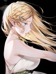 Rule 34 | 0nly u, 1girl, bare arms, bare shoulders, black background, blonde hair, blue eyes, braid, breasts, commentary request, dress, from side, hair ornament, hairclip, highres, korean commentary, long hair, nintendo, official alternate costume, open mouth, pointy ears, princess zelda, profile, simple background, solo, the legend of zelda, the legend of zelda: breath of the wild, upper body, white dress