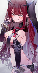 Rule 34 | 1girl, baobhan sith (fate), black-framed eyewear, black nails, black panties, black sleeves, black veil, blush, bracelet, butt crack, chain earrings, commentary, cowboy shot, detached sleeves, earrings, unworn eyewear, fate/grand order, fate (series), fingernails, from side, grey eyes, highres, holding, holding removed eyewear, jewelry, long hair, looking at viewer, march ab, midriff, nail polish, navel, panties, red hair, revealing clothes, semi-rimless eyewear, sharp fingernails, sidelocks, solo, spiked bracelet, spikes, under-rim eyewear, underwear, veil, wavy mouth