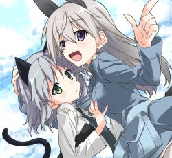 Rule 34 | 2girls, :d, animal ears, black necktie, black tail, blue jacket, breasts, eila ilmatar juutilainen, green eyes, grey hair, hand on another&#039;s head, highres, jacket, light blush, long sleeves, looking at viewer, medium breasts, military uniform, multiple girls, necktie, open mouth, parted lips, pointing, pouch, sanya v. litvyak, short hair, sky, smile, strike witches, take shinobu, uniform, upper body, world witches series