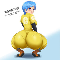 Rule 34 | 1girl, absurdres, ass, blue eyes, blue hair, blush, bodysuit, boots, breasts, bulma, cameltoe, come hither, danzfloor, dragon ball, dragon ball super, dragon ball super super hero, dragonball z, from behind, highres, huge ass, large breasts, looking at viewer, looking back, naughty face, open mouth, shiny clothes, short hair, sideboob, skin tight, smile, solo, squatting