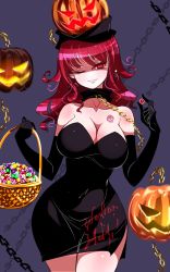Rule 34 | 1girl, alternate costume, bare shoulders, basket, black dress, black gloves, blue background, breasts, candy, chain, choker, cleavage, clothes writing, commentary request, covered navel, cowboy shot, curvy, dress, earrings, food, gloves, gold chain, halloween, hecatia lapislazuli, highres, jack-o&#039;-lantern, jewelry, no nose, one eye closed, pumpkin, raptor7, red eyes, red hair, short dress, side slit, simple background, skull tattoo, smile, tattoo, taut clothes, thighs, touhou, wavy hair, wide hips