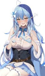 Rule 34 | 1girl, absurdres, ahoge, argule0901, bare shoulders, belt, black corset, blue bow, blue bowtie, blue coat, blue hair, blue nails, blue skirt, blush, bow, bowtie, braid, breasts, brown belt, center frills, cleavage cutout, clothing cutout, coat, colored tips, corset, drooling, drunk, fang, flower, frilled shirt, frilled thighhighs, frills, fur-trimmed coat, fur trim, hair between eyes, hair flower, hair ornament, heart, heart ahoge, highres, holding, hololive, large breasts, leather belt, long hair, looking at viewer, miniskirt, multicolored hair, off shoulder, open mouth, pleated skirt, pointy ears, saliva, shirt, sidelocks, simple background, sitting, skin fang, skirt, sleeveless, sleeveless shirt, smile, snowflake hair ornament, solo, squeans, streaked hair, thighhighs, underbust, very long hair, virtual youtuber, white background, white flower, white shirt, white thighhighs, yellow eyes, yukihana lamy, yukihana lamy (1st costume), zettai ryouiki