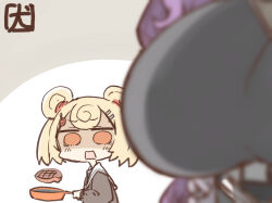 Rule 34 | 2girls, akanotanin13, animal ears, arknights, bear ears, blonde hair, blurry, blurry foreground, breasts, chibi, food, frying pan, gummy (arknights), head out of frame, holding, holding frying pan, large breasts, multiple girls, purple hair, red eyes, shaded face, steak, surprised, typhon (arknights)