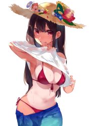 Rule 34 | 1girl, bikini, breasts, brown hair, cleavage, clothes lift, clothes pull, curvy, flower, front-tie bikini top, front-tie top, grin, hat, hat flower, highres, long hair, looking at viewer, miwano rag, navel, one-piece tan, original, red bikini, red eyes, shirt, shirt lift, side-tie bikini bottom, skirt, skirt pull, smile, solo, straw hat, sun hat, sweat, swimsuit, tan, tanline, wide hips