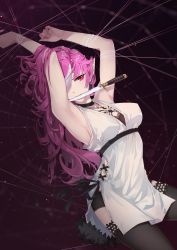 Rule 34 | 1girl, absurdres, armpits, arms up, black panties, black thighhighs, blurry, blurry background, breasts, choker, commentary request, contrapposto, cowboy shot, cross-laced clothes, curly hair, earrings, eyepatch, feather trim, highres, jewelry, knife, long hair, looking at viewer, moe (450367098), mouth hold, necklace, one eye covered, original, panties, pink hair, pointy ears, red eyes, side slit, silk, sleeveless, solo, spider web, thighhighs, underwear, zettai ryouiki