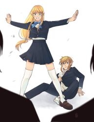 1boy 1girl 2others alternate_costume black_shirt black_skirt blonde_hair blue_bow blue_bowtie bow bowtie brown_footwear commentary contemporary english_commentary highres kneehighs link loafers long_hair multiple_others nintendo on_floor open_mouth outstretched_arms pleated_skirt pointy_ears princess_zelda school_uniform shirt shoes skirt socks spread_arms standing teeth the_legend_of_zelda the_legend_of_zelda:_breath_of_the_wild upper_teeth_only white_socks zuttonabe