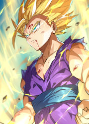 Rule 34 | 1boy, aura, blonde hair, blood, blood on face, child, clenched hands, closed mouth, collarbone, commentary, debris, dragon ball, dragonball z, electricity, forehead, green eyes, highres, male focus, pointy nose, senri gan, serious, short hair, sleeveless, solo, son gohan, spiked hair, toned, toned male, torn clothes, upper body, v-shaped eyebrows